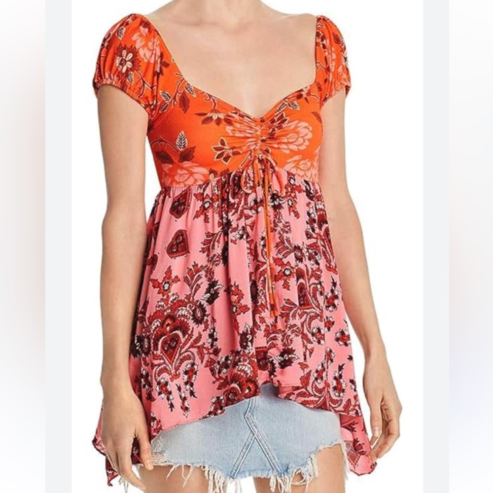 Free People La Bamba Babydoll Top in Hawaiian Sunset Combo Size XS